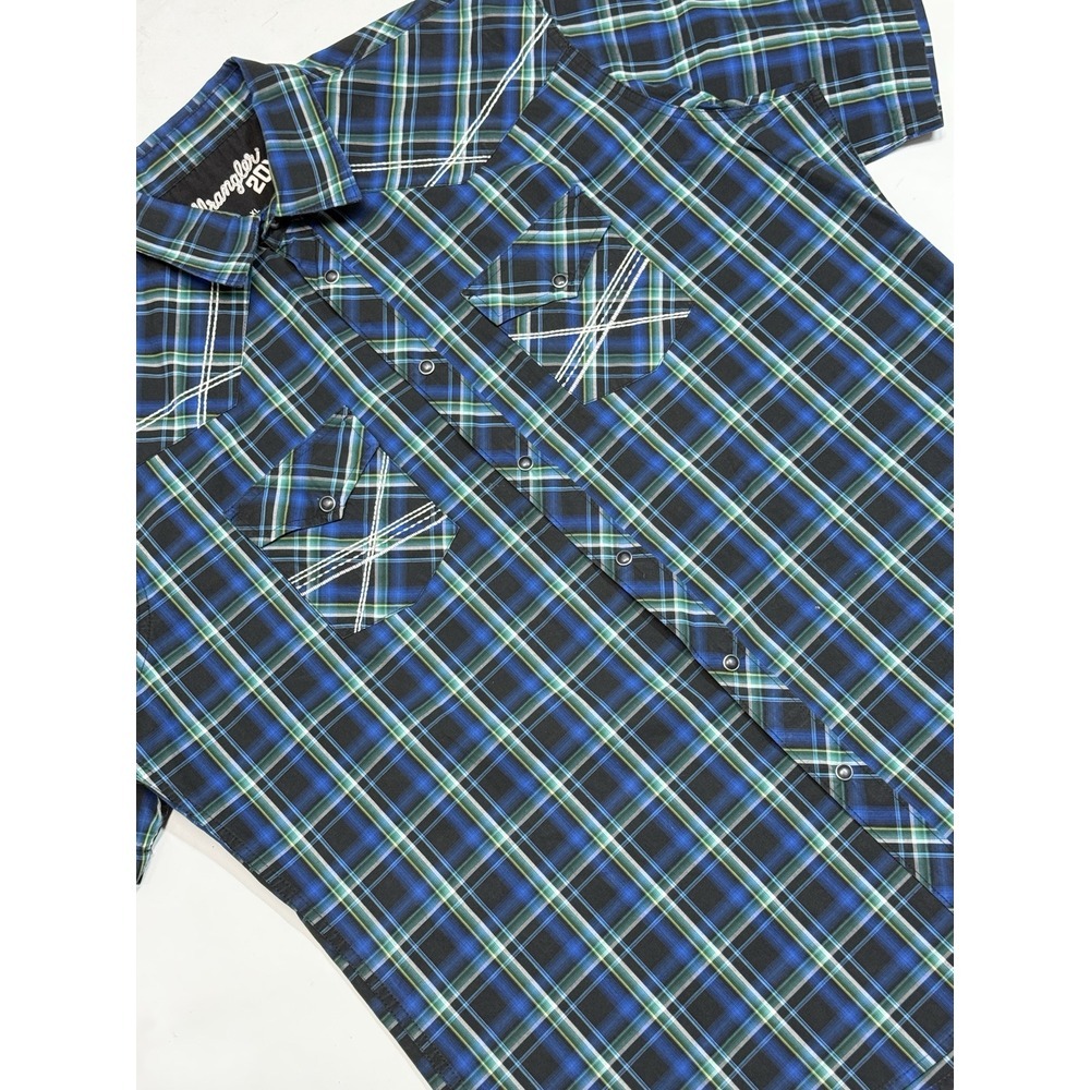 Wrangler 20X Big Stitch Embroidered Short Sleeve Shirt Men's Size XL Blue Green‎